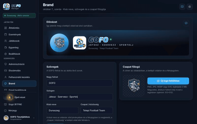 Brand — szövegek és csapat főlogó — képernyőkép