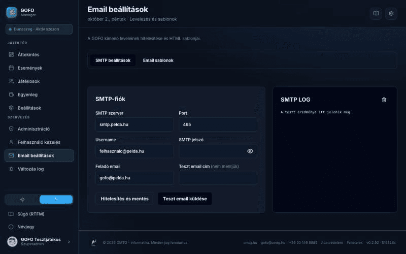 Email beállítások — képernyőkép