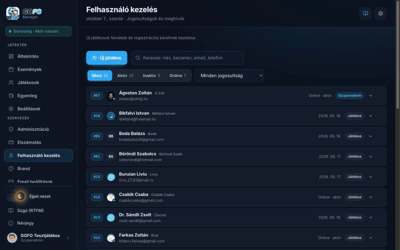 Felhasználó kezelés — képernyőkép